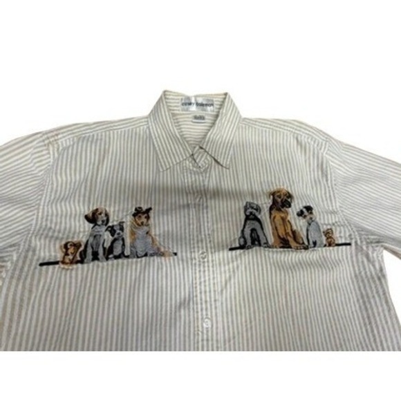 "Casey Coleman" Striped Button Down Shirt Embroid. Dog Tan White NO SIZE TAG L? - Picture 6 of 10